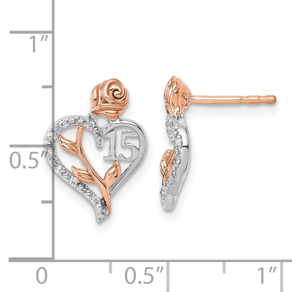 14K White and Rose Gold Diamond Quinceanera Heart Stud Earrings