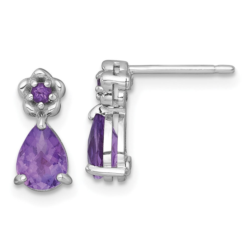 Sterling Silver Rhodium-plated Polished Amethyst Teardrop and Flower Earrings