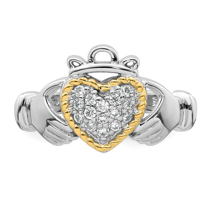 Sterling Silver Rhodium-plated with 14k Accent Polished CZ Size 8 Claddagh Ring