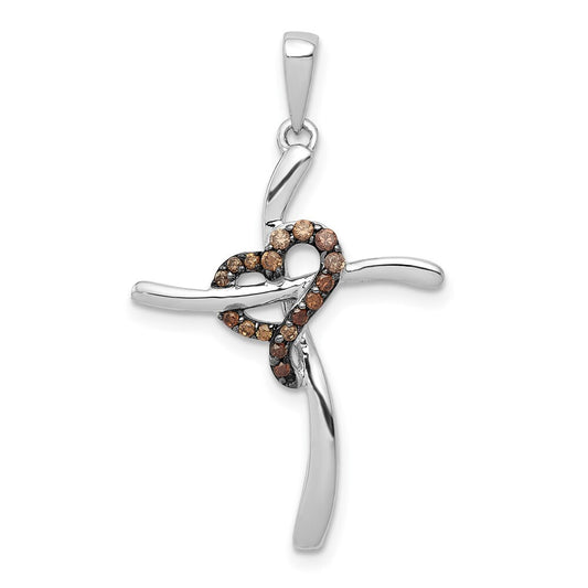 14k White Gold 1/10ct. Champagne Diamond Heart Cross Pendant for Women