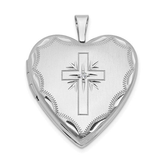 14k White Gold 20mm Diamond Satin & Diamond-Cut Cross Heart Locket for Women