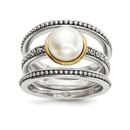Sterling Silver 14k Antiqued 8mm Button FWC Pearl Set of 3 Ring Sz 8
