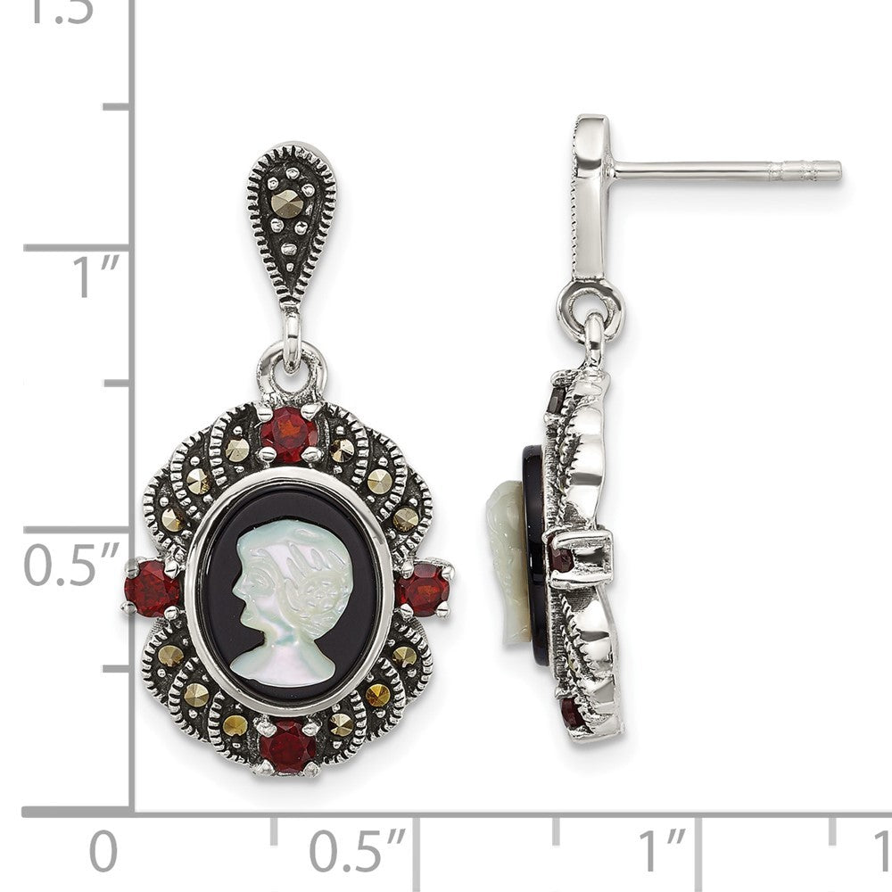 Sterling Silver Marcasite Garnet Agate and Mother of Pearl Cameo Dangle Earrings