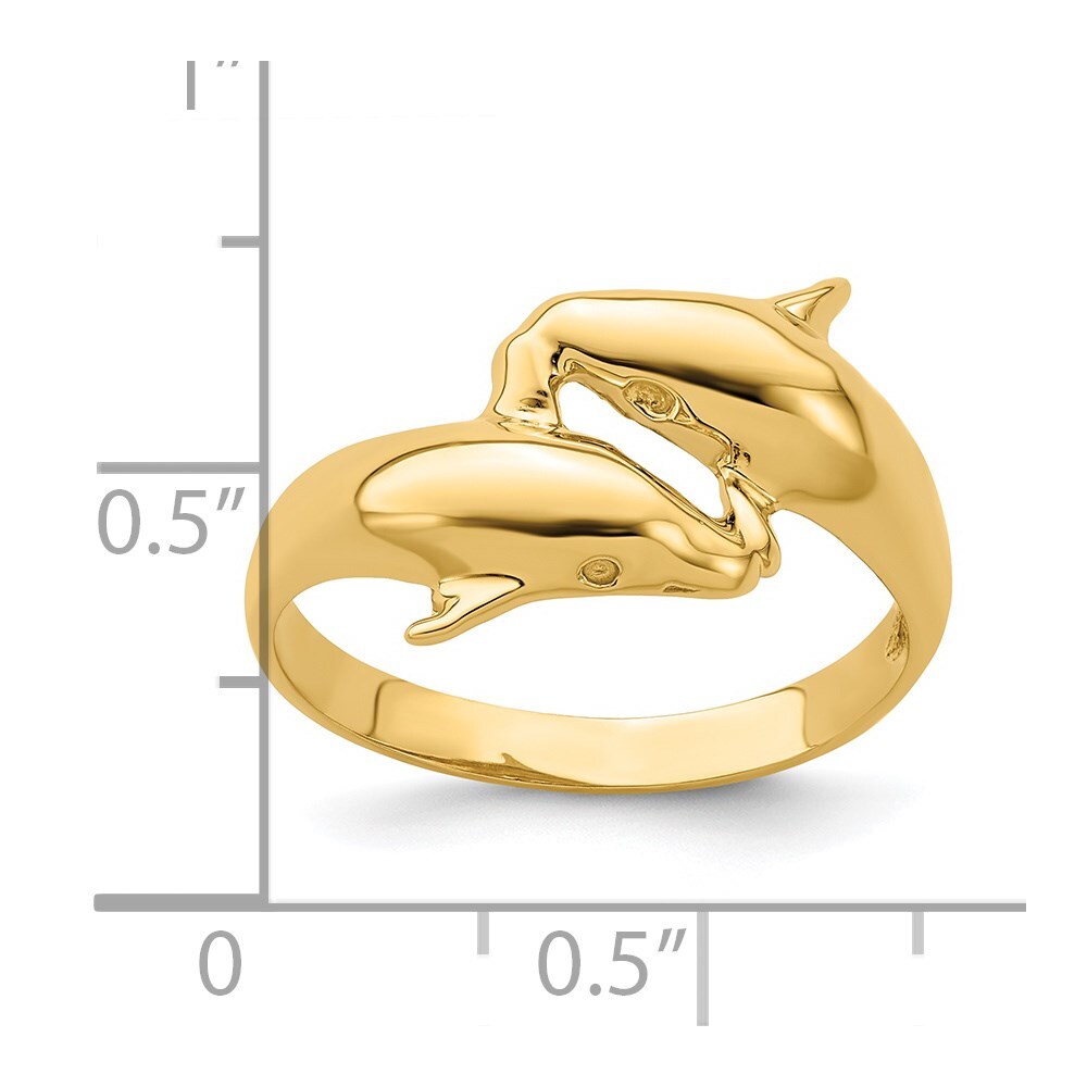 14K Yellow Gold Polished Double Dolphin Ring Size 7