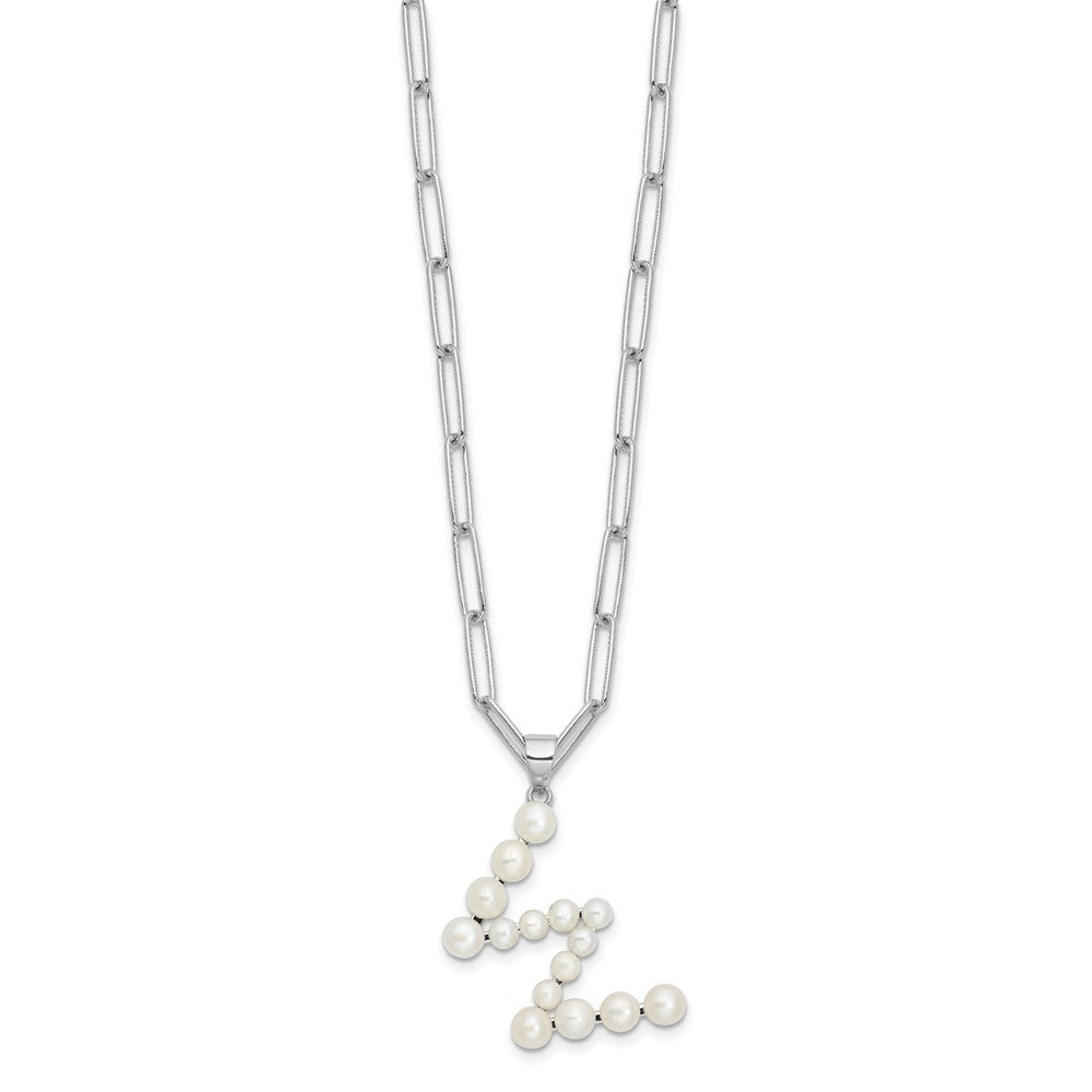 Sterling Silver 3-5.5mm White Button Cultured Pearl LETTER W Necklace 18"
