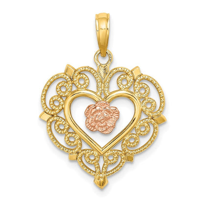 14k Two-tone Gold Rose and Flower and Heart Charm Pendant for Women
