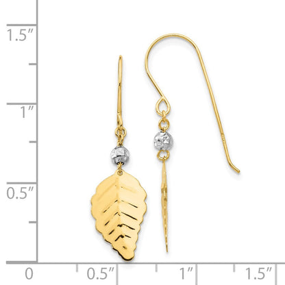 14K Two Tone Gold Stamped Leaf Shepherd Hook Drop & Dangle Earrings
