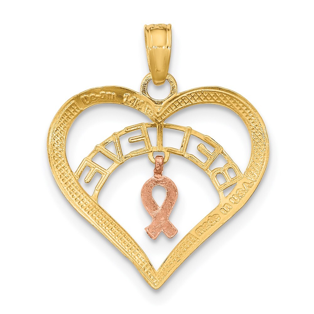 14k Two-tone Gold White Rhodium BELIEVE in Heart  Breast Cancer Ribbon Pendant