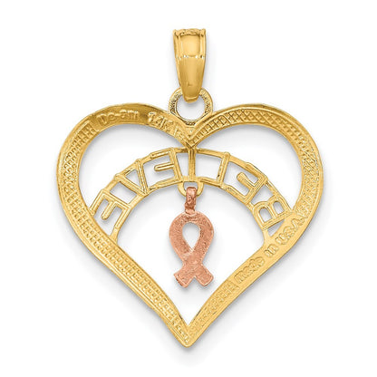 14k Two-tone Gold White Rhodium BELIEVE in Heart  Breast Cancer Ribbon Pendant