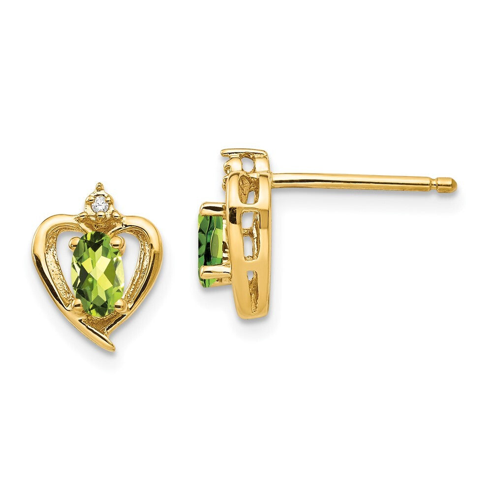 14k Yellow Gold Peridot and Diamond Heart Stud Earrings Gift for Women