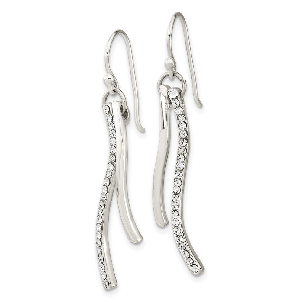 Sterling Silver Polished Cubic Zirconia Wavy Bar Dangle Shephard Hook Earrings