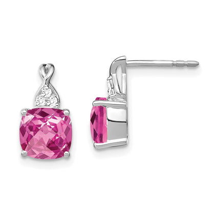 14K White Gold Checkerboard Created Pink Sapphire & Diamond Dangle Earrings