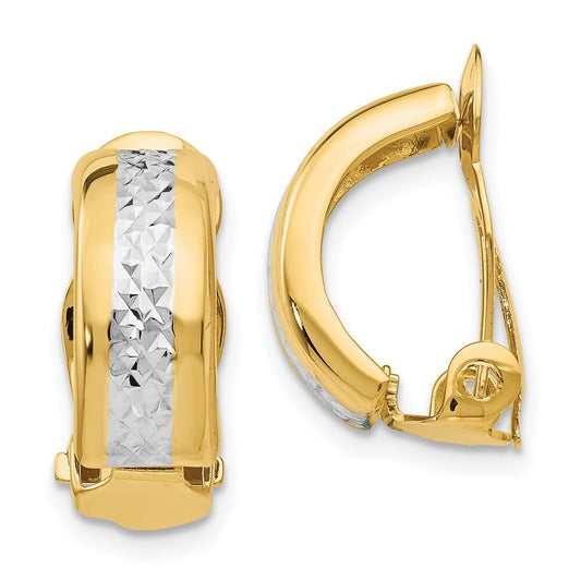 14k Yellow Gold w/ White Rhodium Polished & D/C Non-pierced Hoop Earrings