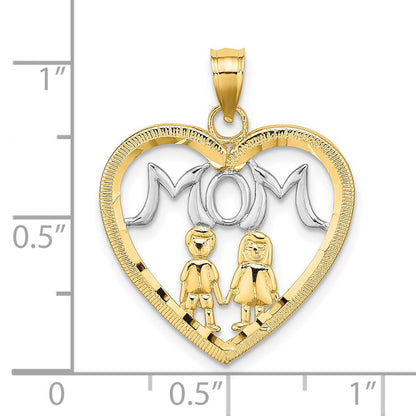 14k Yellow Gold  Rhodium MOM Heart with 2 Kids Charm Pendant for Women