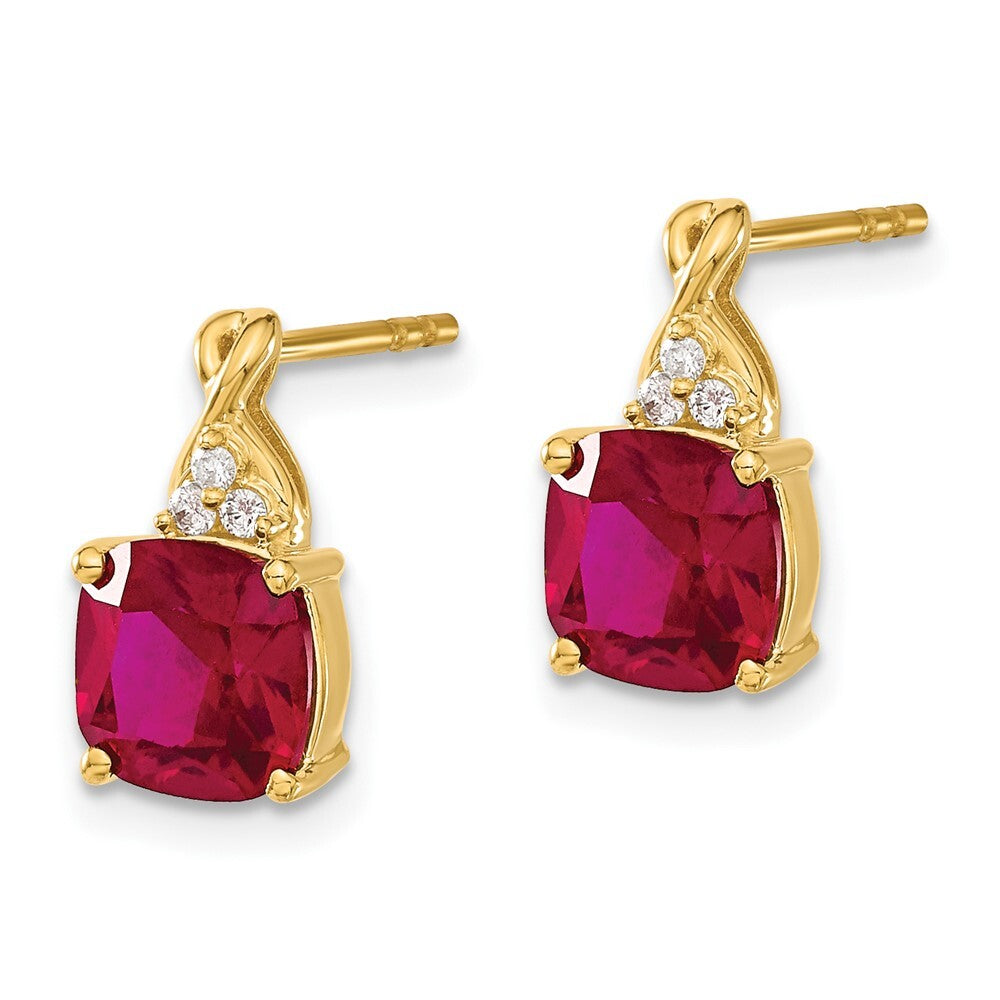 14k Yellow Gold Checkerboard Created Ruby and Diamond Drop & Dangle Earrings