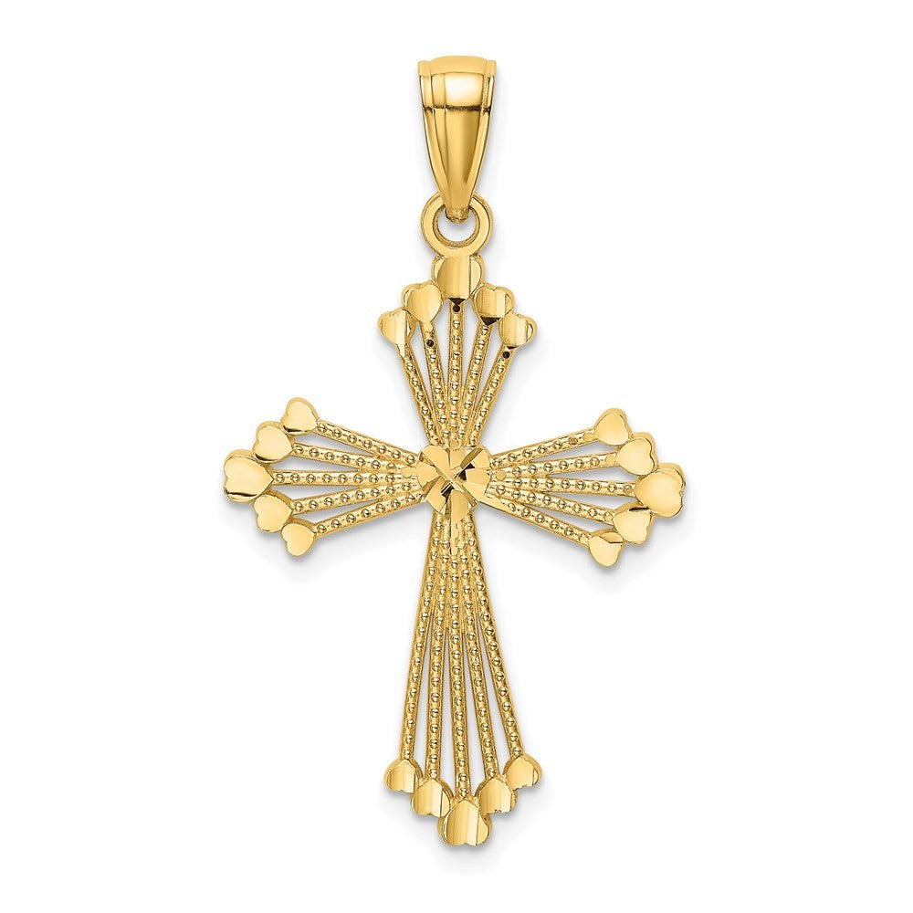 14k Yellow Gold Diamond-Cut and Cut-Out Stripes W/ Heart In Center Cross Charm