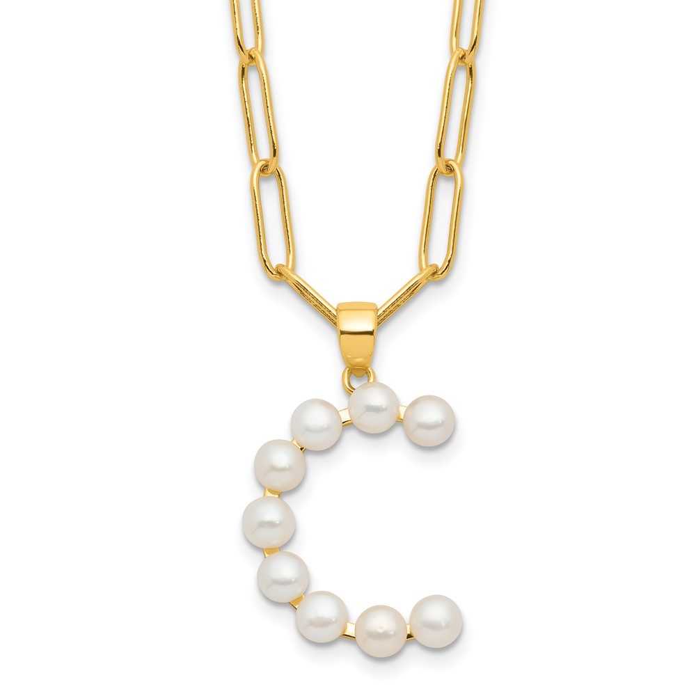 Sterling Silver 3-5.5mm White Button Cultured Pearl LETTER C Necklace 18"