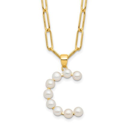 Sterling Silver 3-5.5mm White Button Cultured Pearl LETTER C Necklace 18"