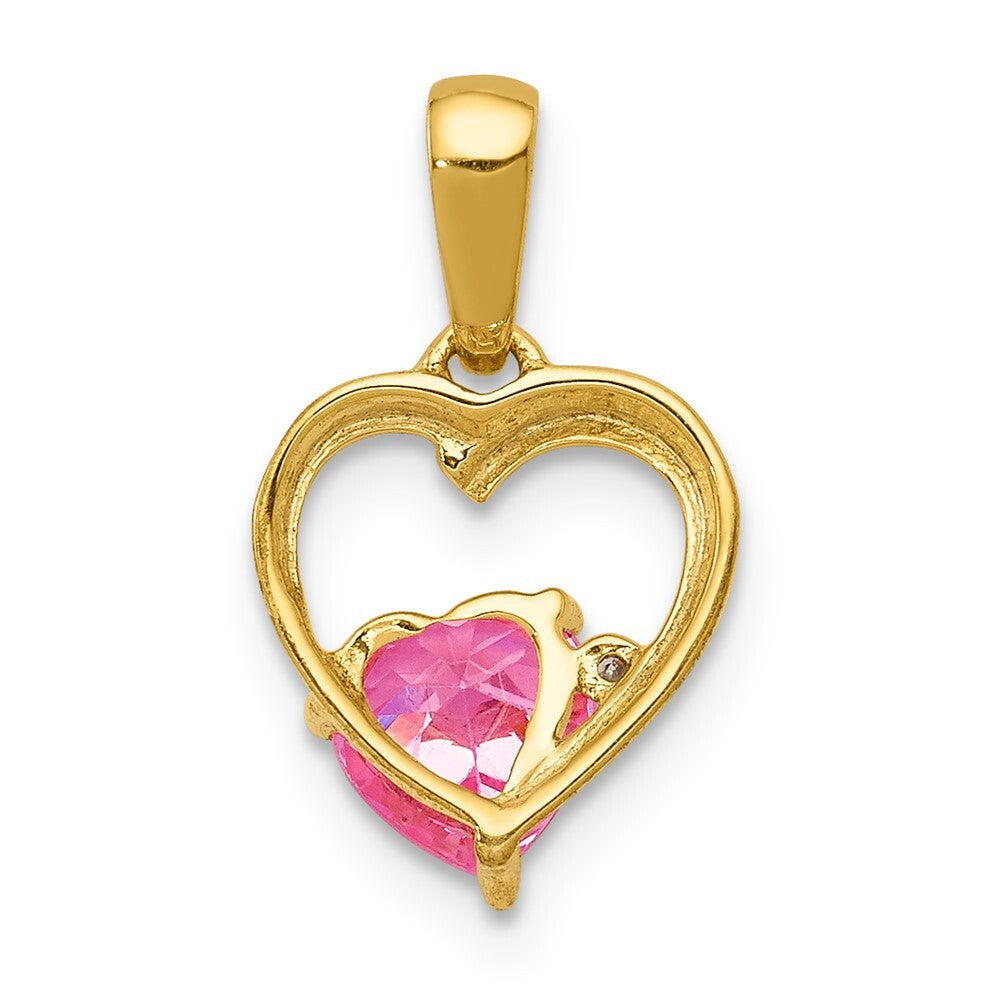 14k Yellow Gold Created Pink Sapphire and Diamond Heart Pendant for Women