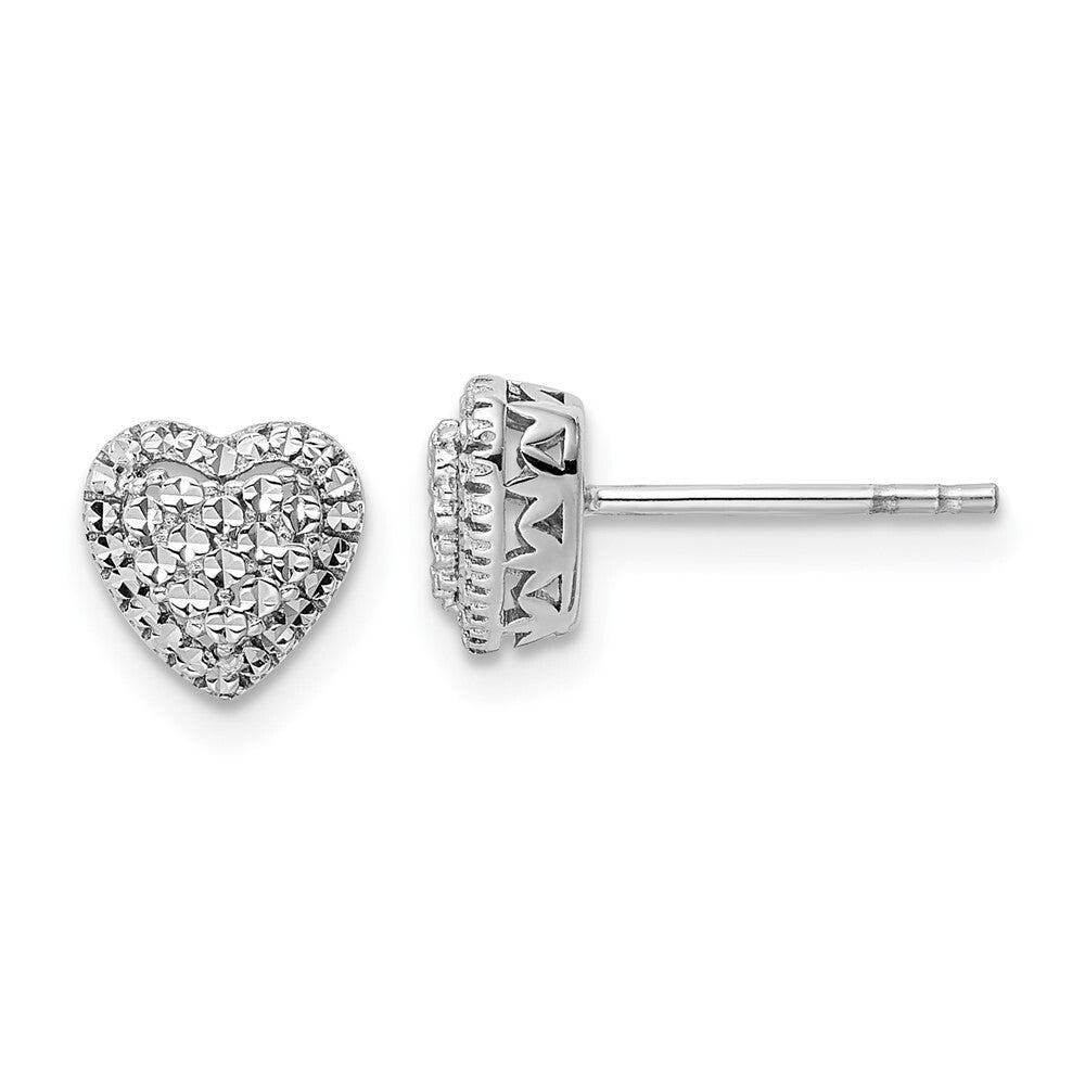 14k White Polished Diamond-cut Heart Stud Earrings Gift for Women