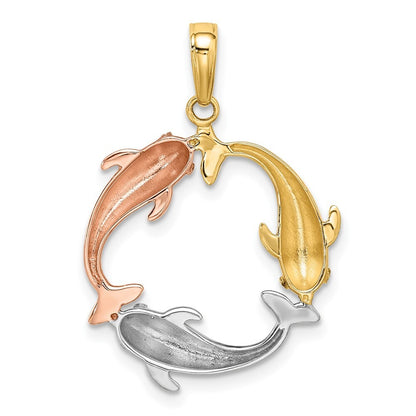14k Tri-Color Gold Tri-color Triple Dolphin Circle Pendant for Women
