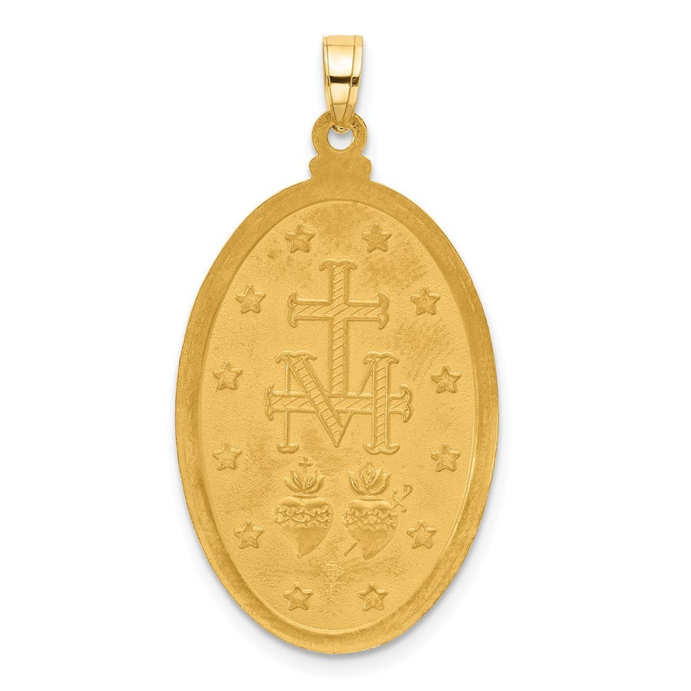 14k Yellow Gold Satin and Polished Miraculous Medal Solid Oval Pendant