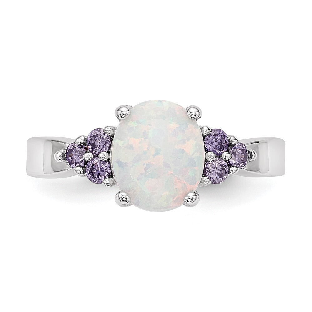 Sterling Silver Oval Created Opal w/Purple Cubic Zirconia Ring SZ 6