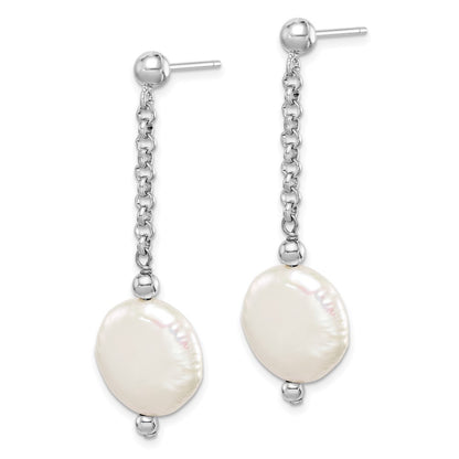 Sterling Silver 12-13mm Coin Freshwater Cultured Pearl Dangle Earrings