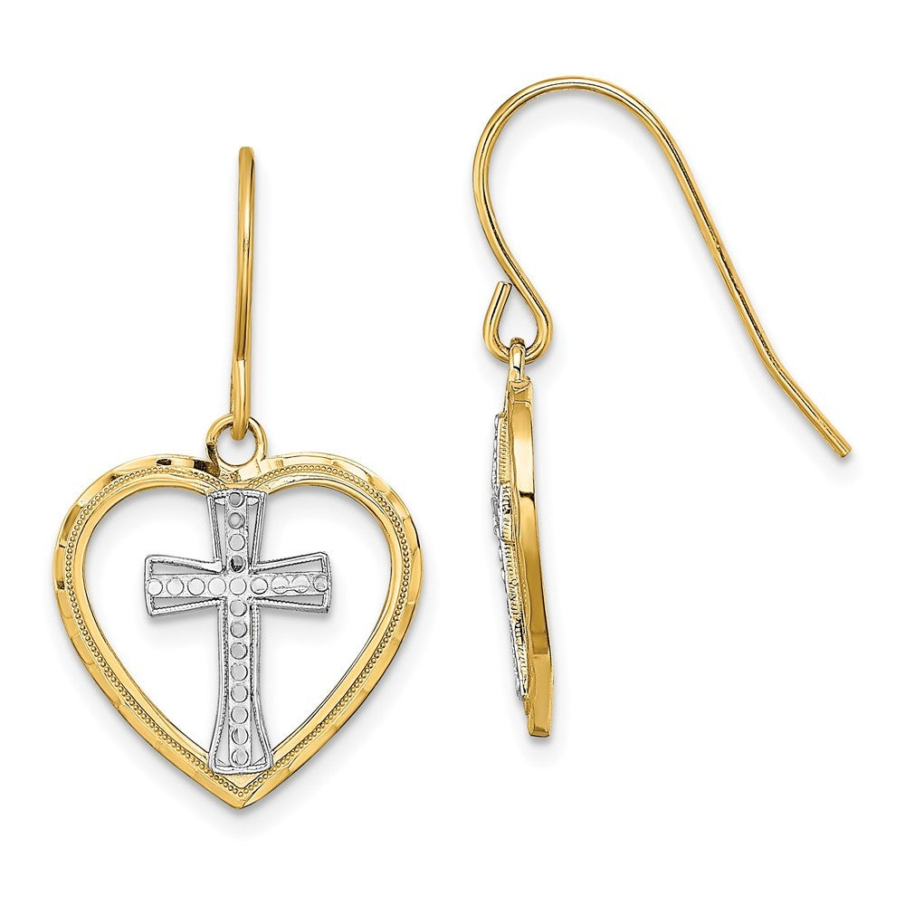 14k Yellow Gold w/Rhodium Cross In Center Heart Earrings