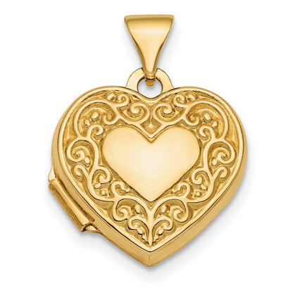 14k Yellow Gold Polished Scroll Design Reversible 15mm Heart Locket Pendant