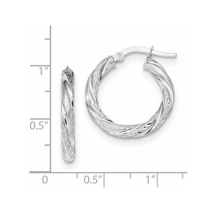 14k White Gold 3mm Polished & Satin Diamond-Cut Hoop Earrings Gift for Women