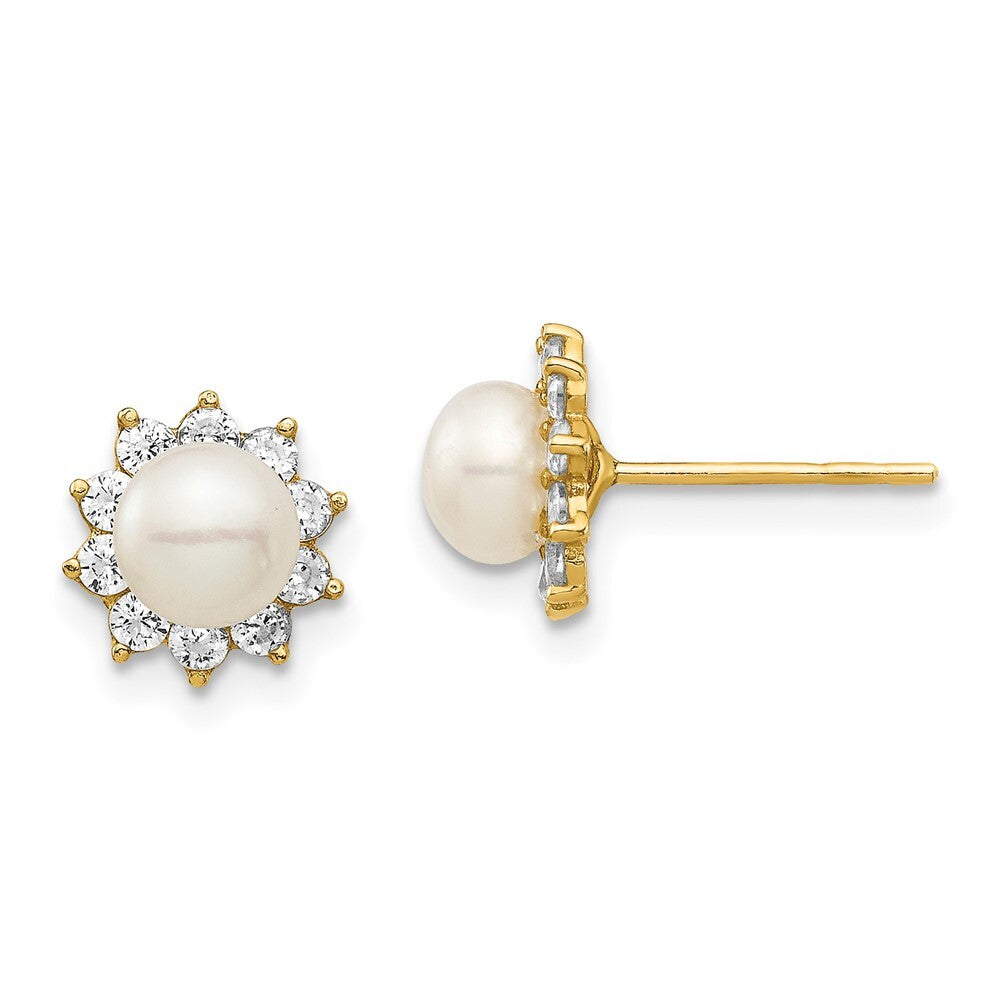 14k Yellow Gold 5-6mm Button Cultured Pearl & Cubic Zirconia Stud Earrings