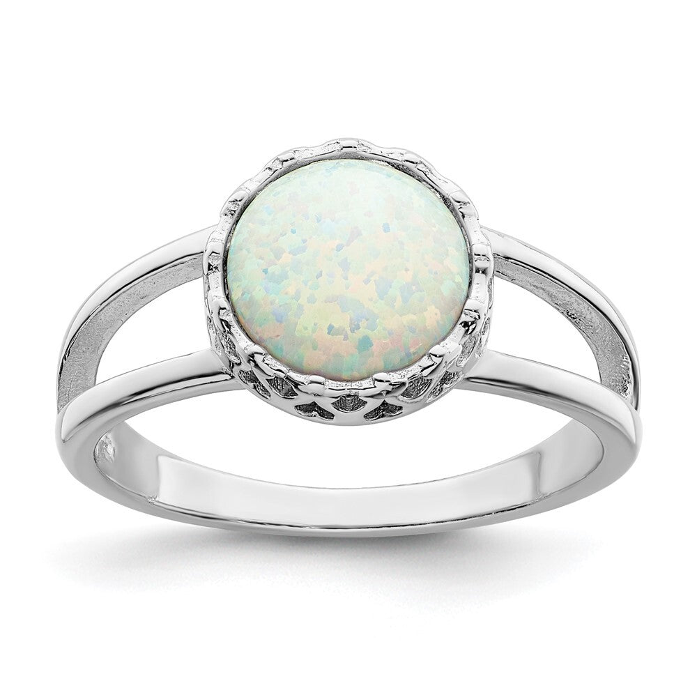 Sterling Silver Rhodium-plated Round White Created Opal Inlay Ring Size 6