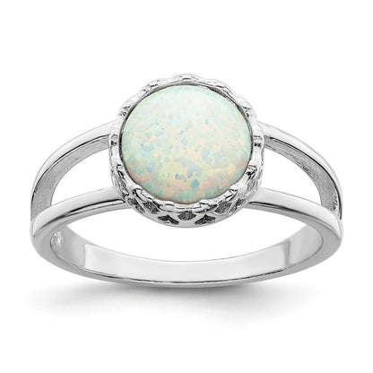 Sterling Silver Rhodium-plated Round White Created Opal Inlay Ring Size 6