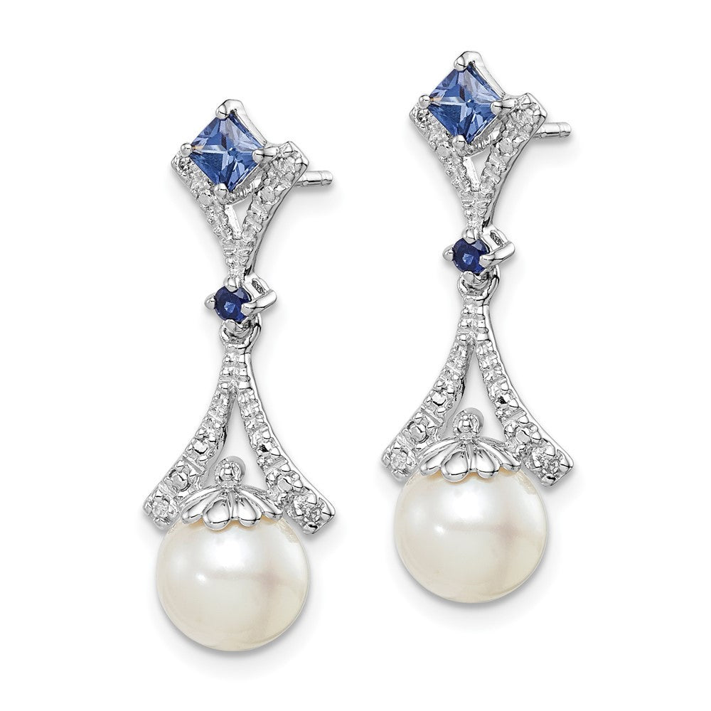 Sterling Silver Rhod Plated Diamond & Cultured Pearl Cr. Sapphire Earrings