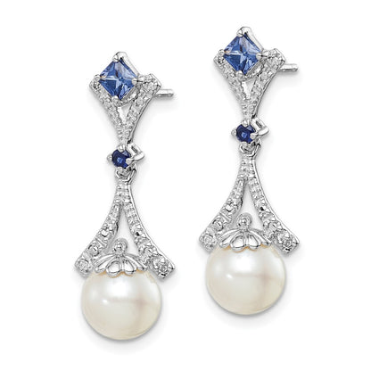 Sterling Silver Rhod Plated Diamond & Cultured Pearl Cr. Sapphire Earrings