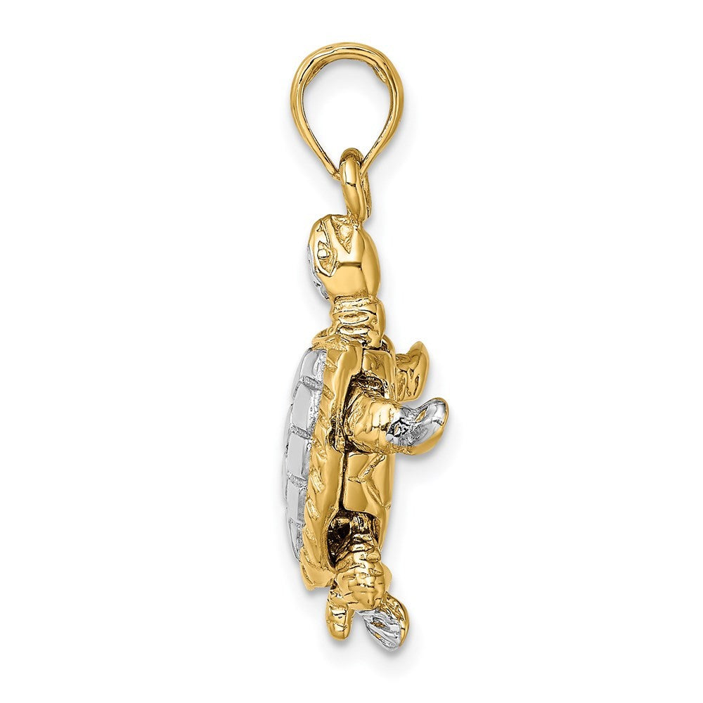 14k Yellow Gold with White Rhodium 3-D Land Turtle Moveable Head Charm Pendant