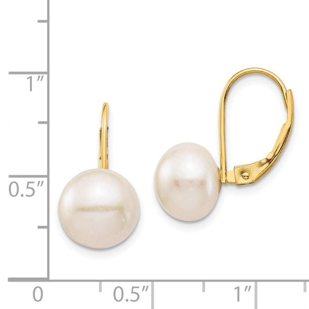 14k Yellow Gold 9-10mm White Button Freshwater Cultured Pearl Leverback Earrings