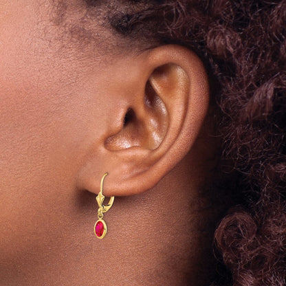 14k Yellow Gold 6x4 Oval Bezel July/Ruby Dangle Earrings Leverback