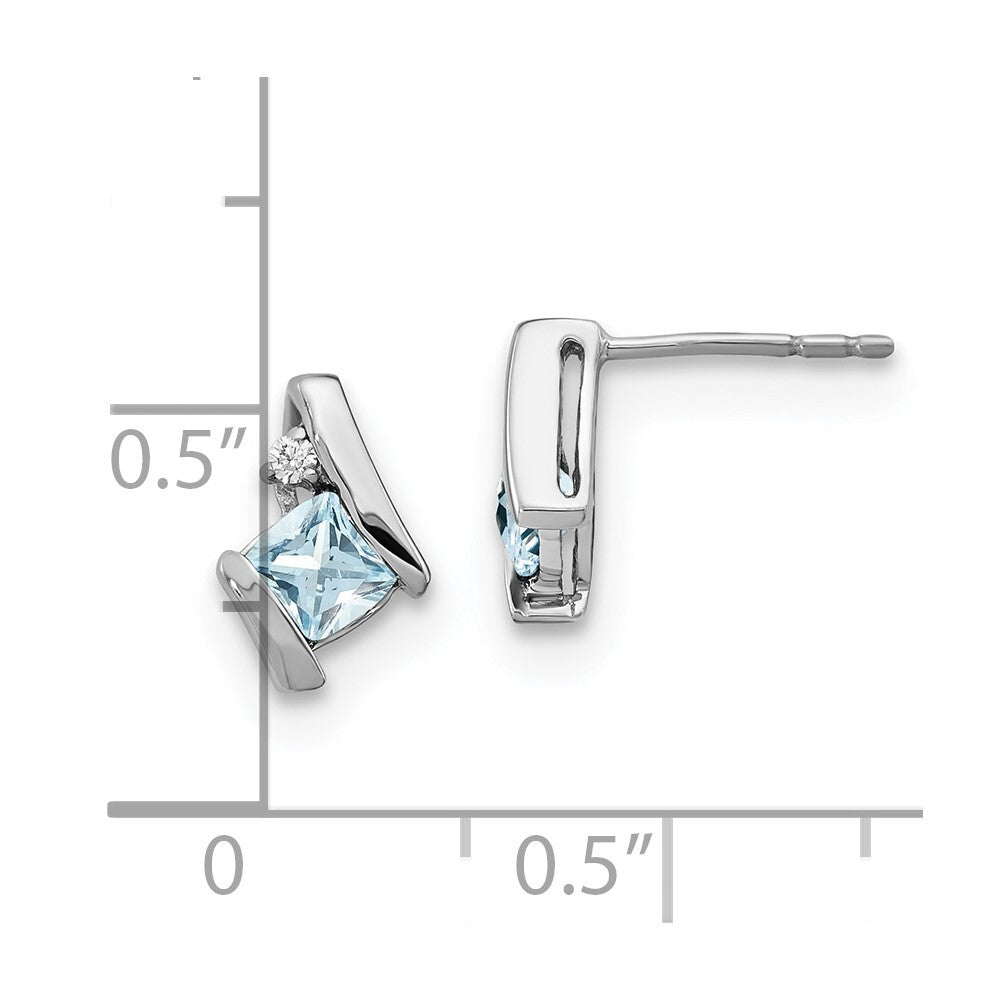 14K White Gold Cushion Aquamarine and Diamond Stud Earrings Gift for Women