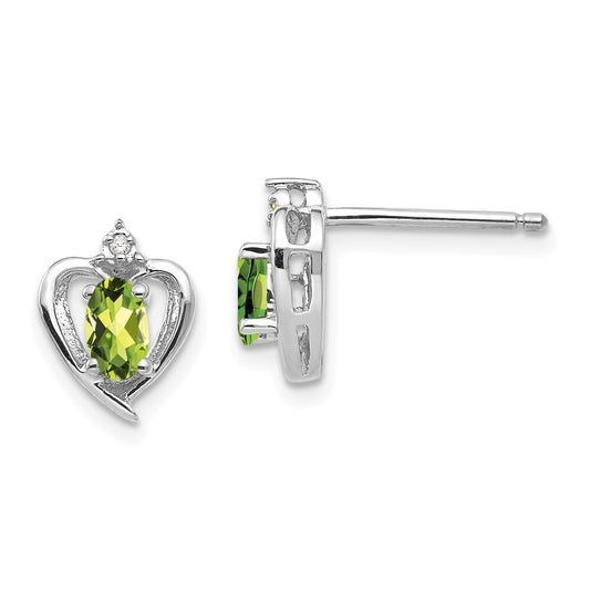 14k White Gold Peridot and Diamond Heart Stud Earrings Gift for Women