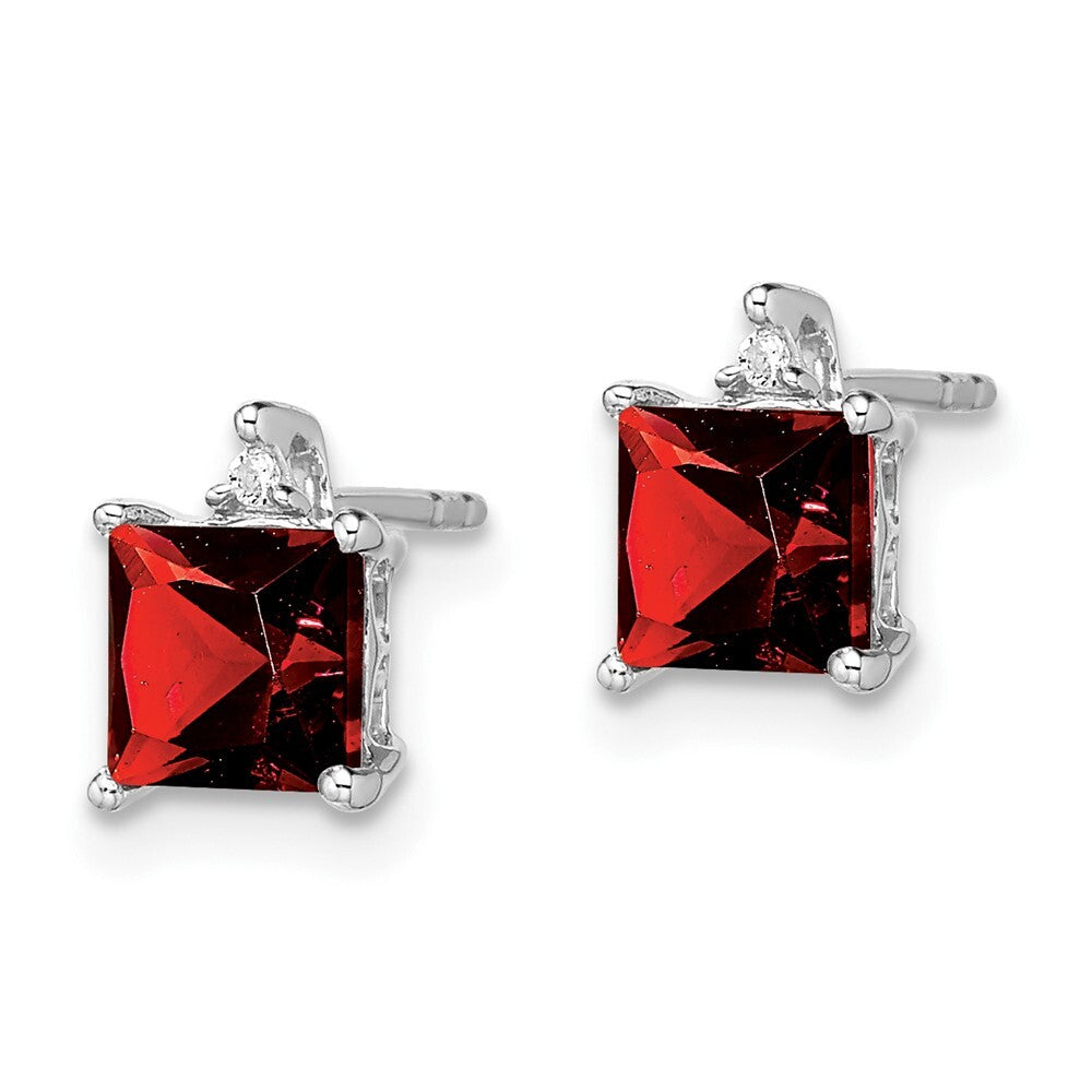 14k White Gold Princess Garnet and Diamond Stud Earrings
