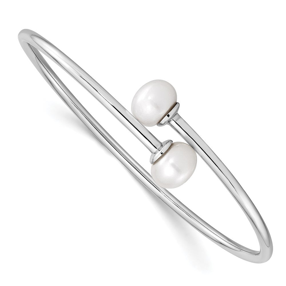 Sterling Silver 9-10mm White Freshwater Cultured Pearl Flexible Cuff Bangle