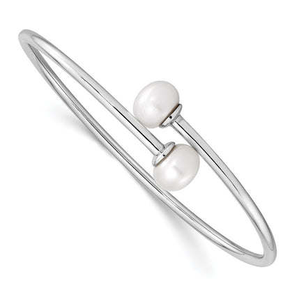 Sterling Silver 9-10mm White Freshwater Cultured Pearl Flexible Cuff Bangle