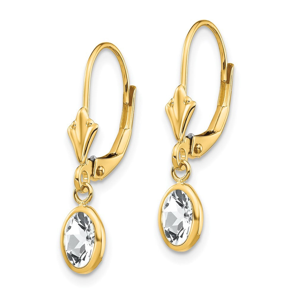 14k Yellow Gold 6x4 Oval Bezel April/White Topaz Leverback Earrings