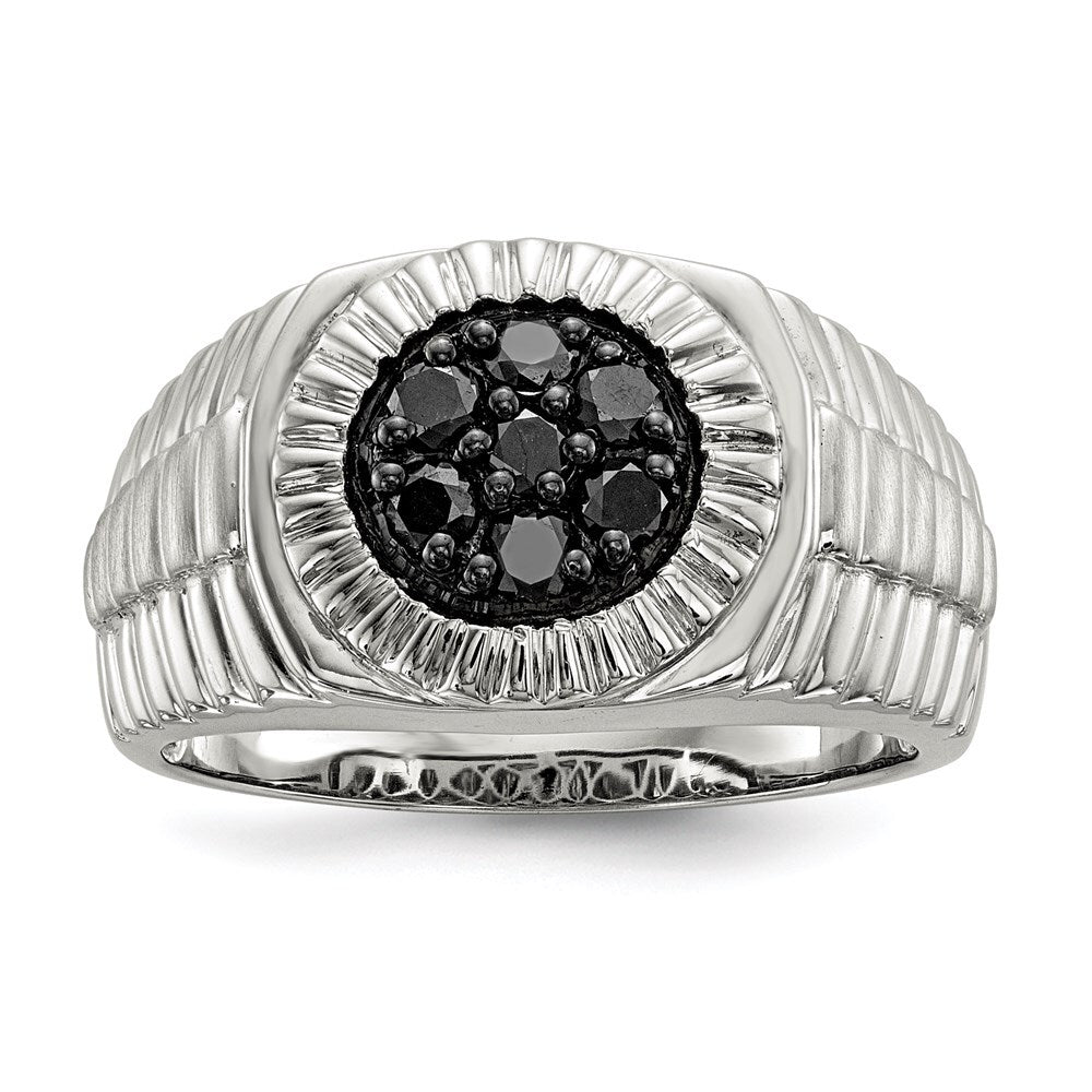 Sterling Silver Rhod-plated Mens Black Diamond Polished/Satin Ring Size 9