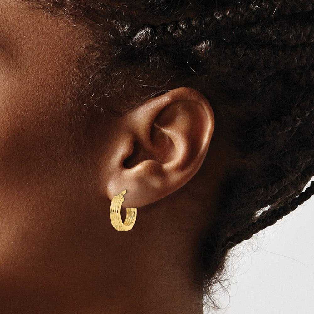 14k Yellow Gold Polished Textured Hoop Earrings Gift for Women