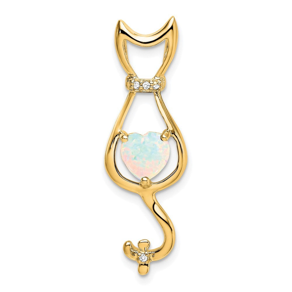 14k Yellow Gold Lab Created Opal and Diamond Cat Chain Slide