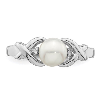 Sterling Silver Rhodium FW Cultured Button Pearl & Diamond Ring Size 8