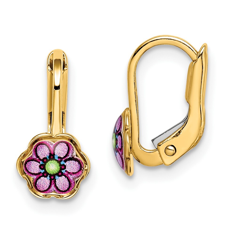 14k Yellow Gold Children's Enamel Flower Dangle Earrings Leverback